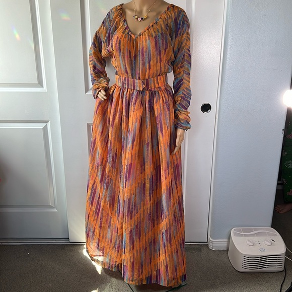Vtg 60s 70s fabulous watercolor sheer overlay orange purple dress S - Picture 3 of 12